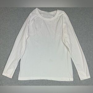 Athleta Momentum Seamless Top XL Long Sleeve Bright White Stripe Purple Blue EUC